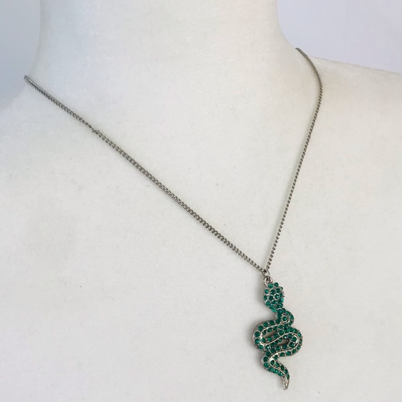 Snake Serpent Green Rhinestone Pendant Necklace 30” - Picture 3 of 6